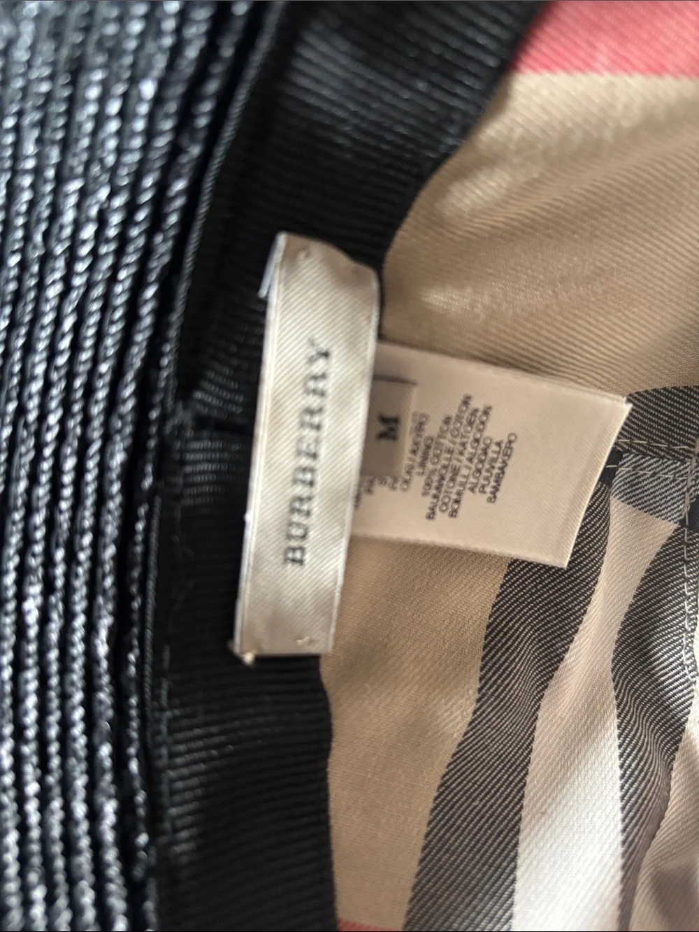 Burberry Black Raffia Bucket Hat with leather Trim sz medium